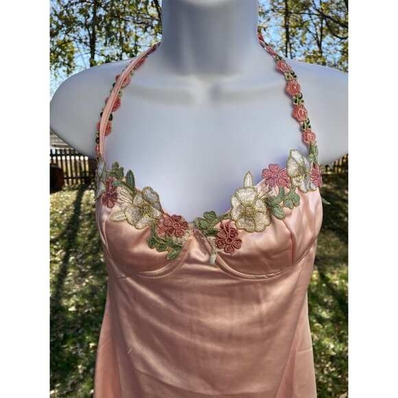 Pink Satin Slip Dress Floral Embroidered Halter Neckline By Princess Polly Size - Picture 2 of 13